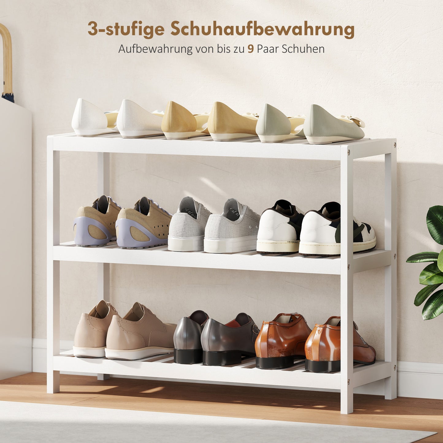 Bamboo Shoe Rack, 3-Tier, White Finish, 70x26x55 cm