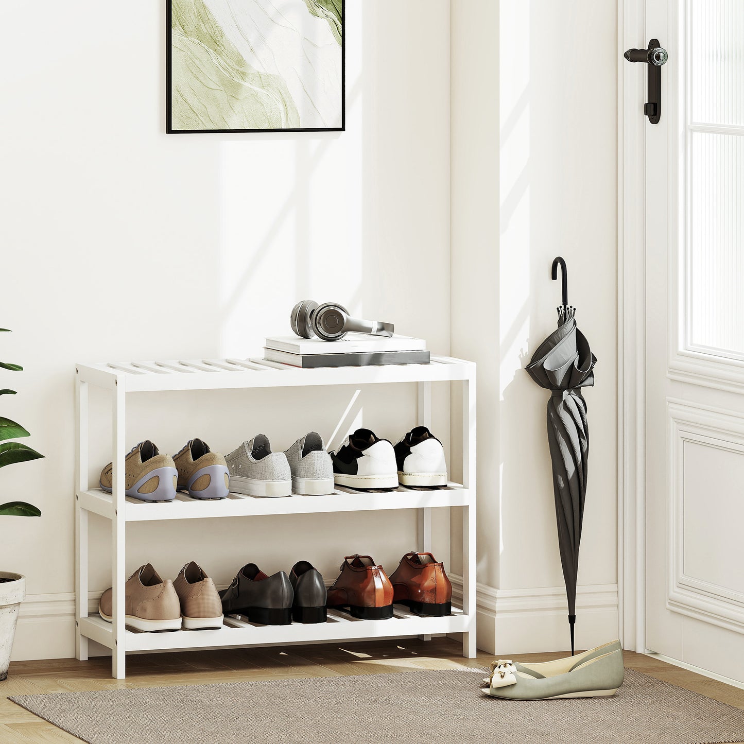 Bamboo Shoe Rack, 3-Tier, White Finish, 70x26x55 cm
