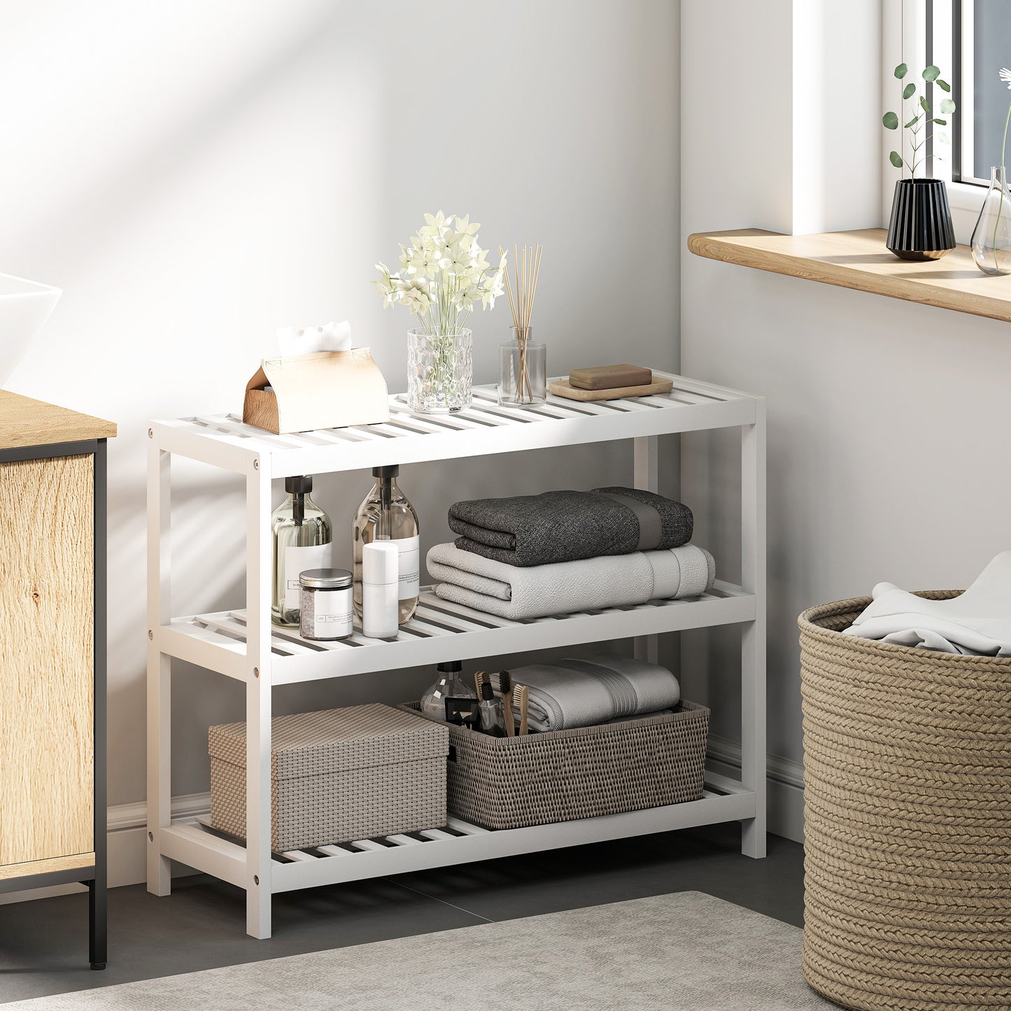 Bamboo Shoe Rack, 3-Tier, White Finish, 70x26x55 cm