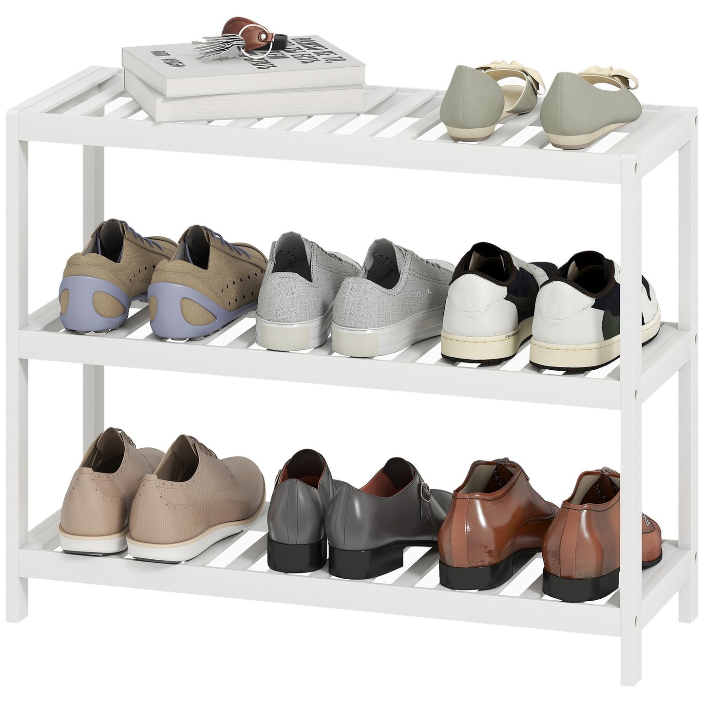 Bamboo Shoe Rack, 3-Tier, White Finish, 70x26x55 cm
