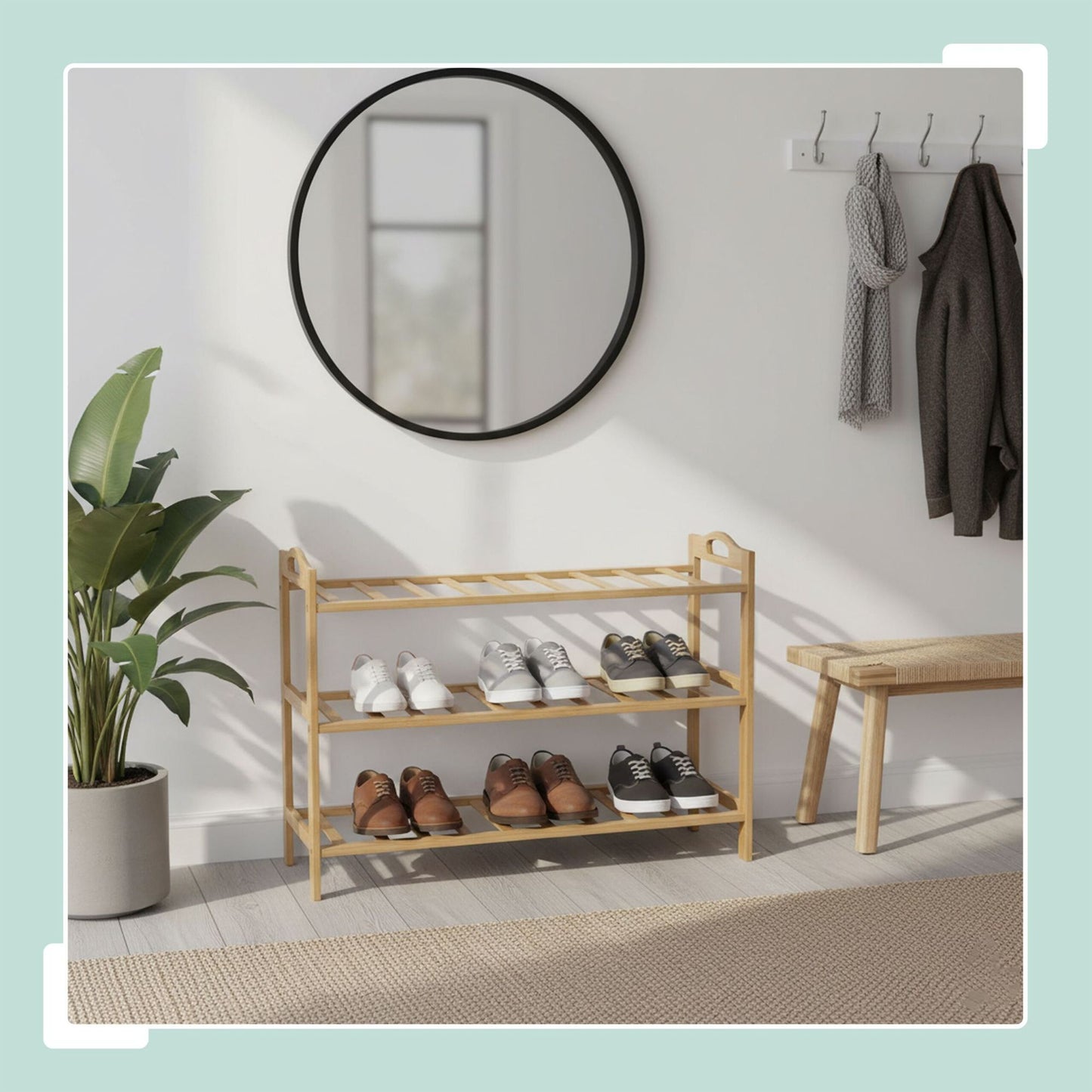 Bamboo Shoe Rack, 3 Tiers, Holds 9 Pairs