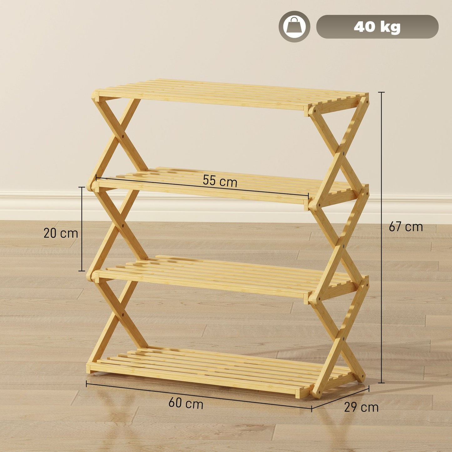 Bamboo Shoe Rack, 4-Tier, Holds 12 Pairs, 60x29x67 cm