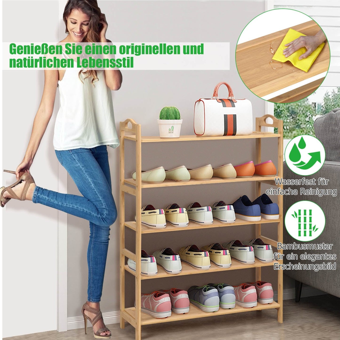 Bamboo Shoe Rack, 5-Tier Storage for 15 Pairs