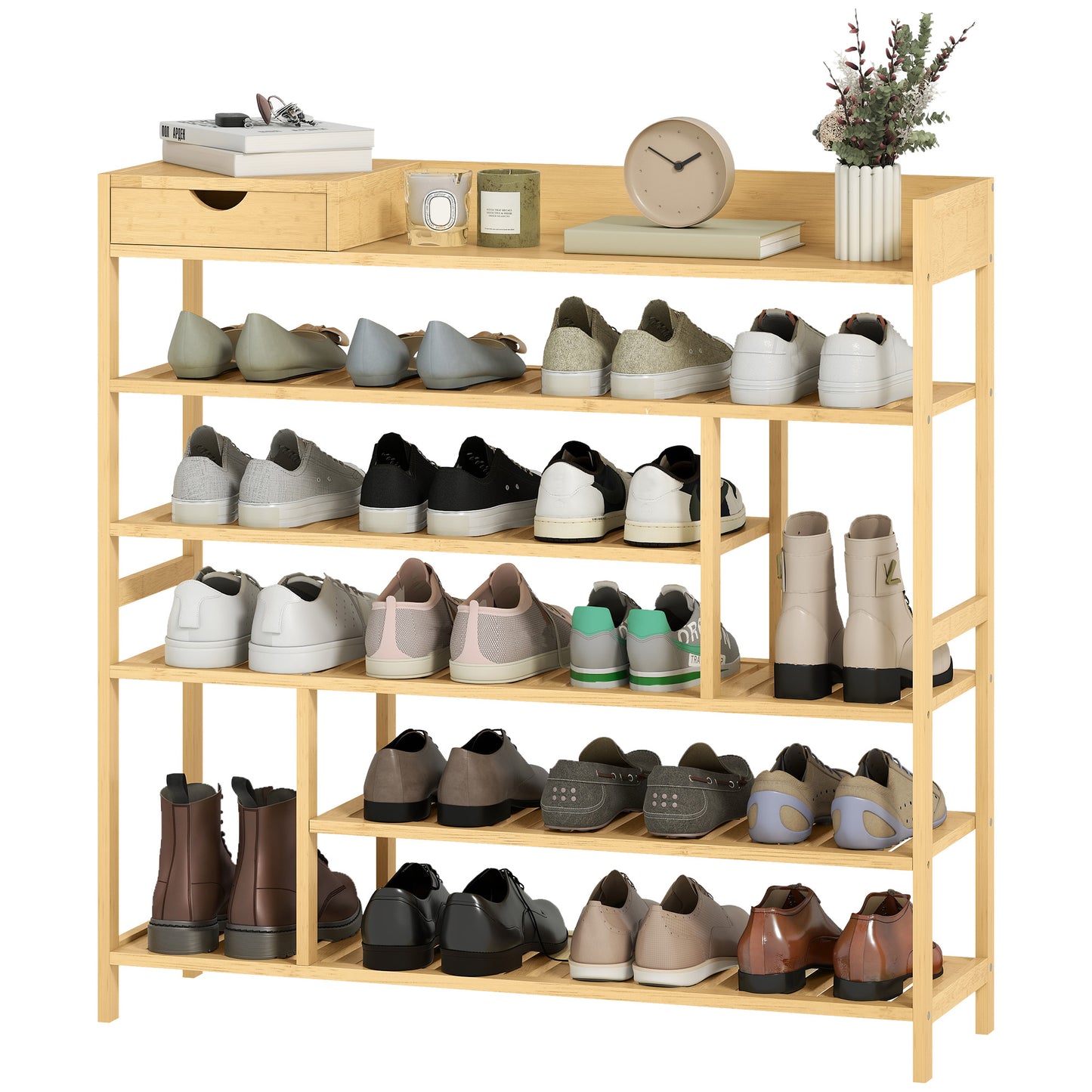 Bamboo Shoe Rack with Drawer, 6 Tiers, Holds 18 Pairs