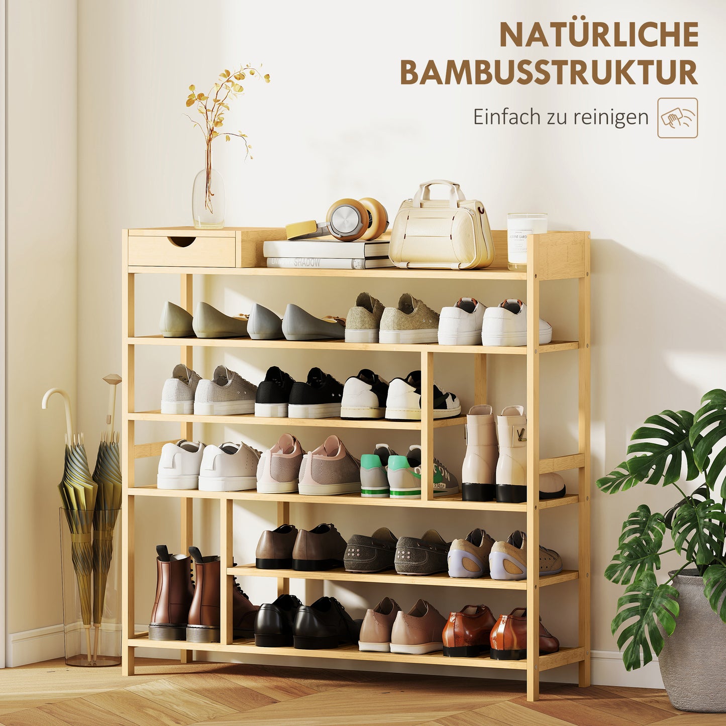 Bamboo Shoe Rack with Drawer, 6 Tiers, Holds 18 Pairs