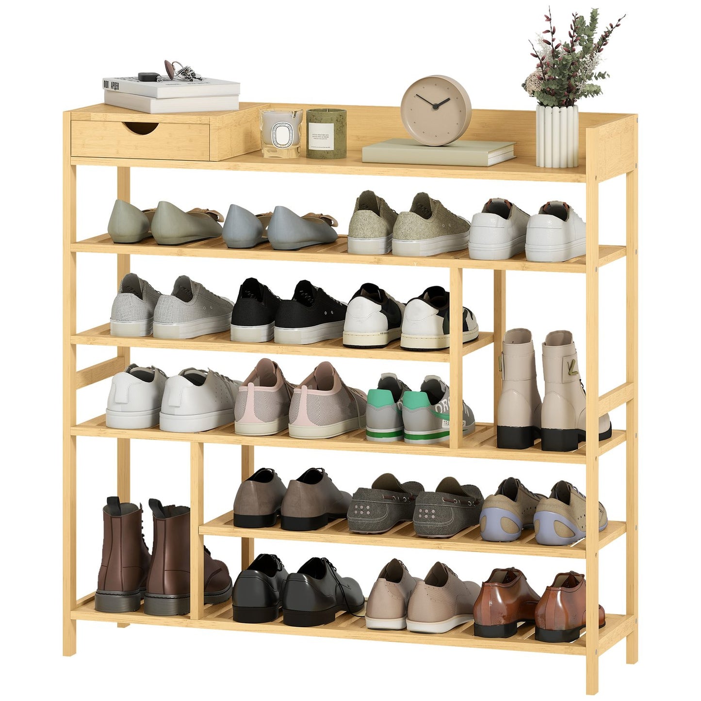 Bamboo Shoe Rack with Drawer, 6 Tiers, Holds 18 Pairs