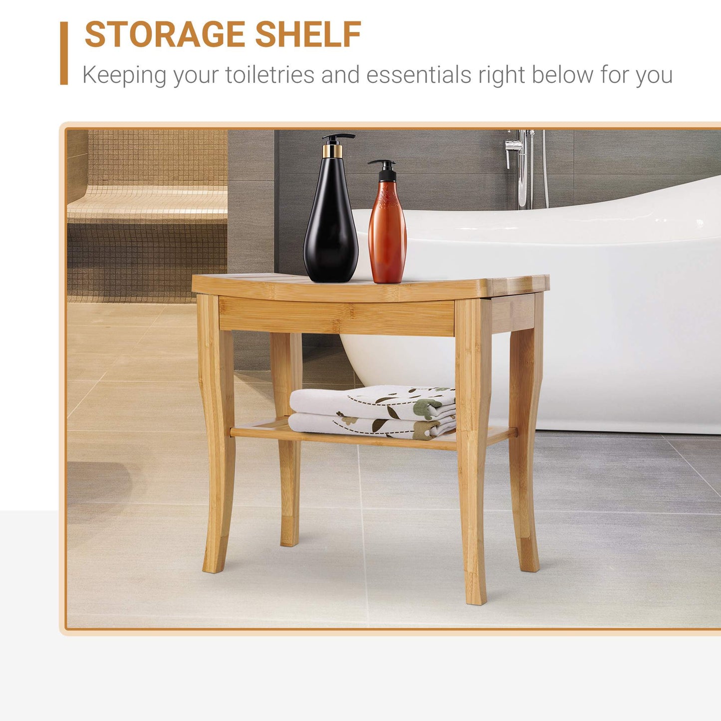 Bamboo Shower Bench with Storage Shelf, Water-Resistant