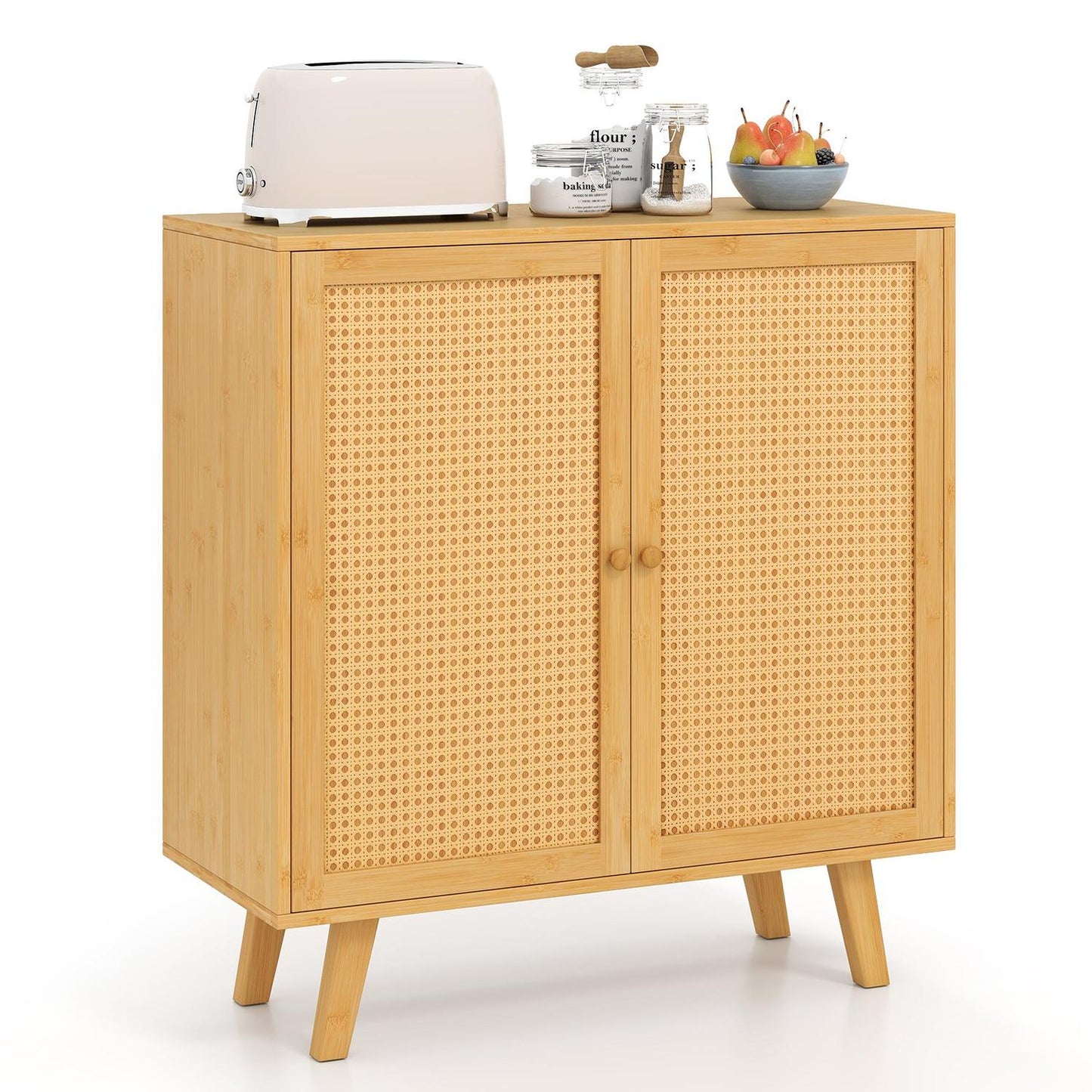 Bamboo Sideboard with 2 Rattan Doors, 80x34.5x85 cm