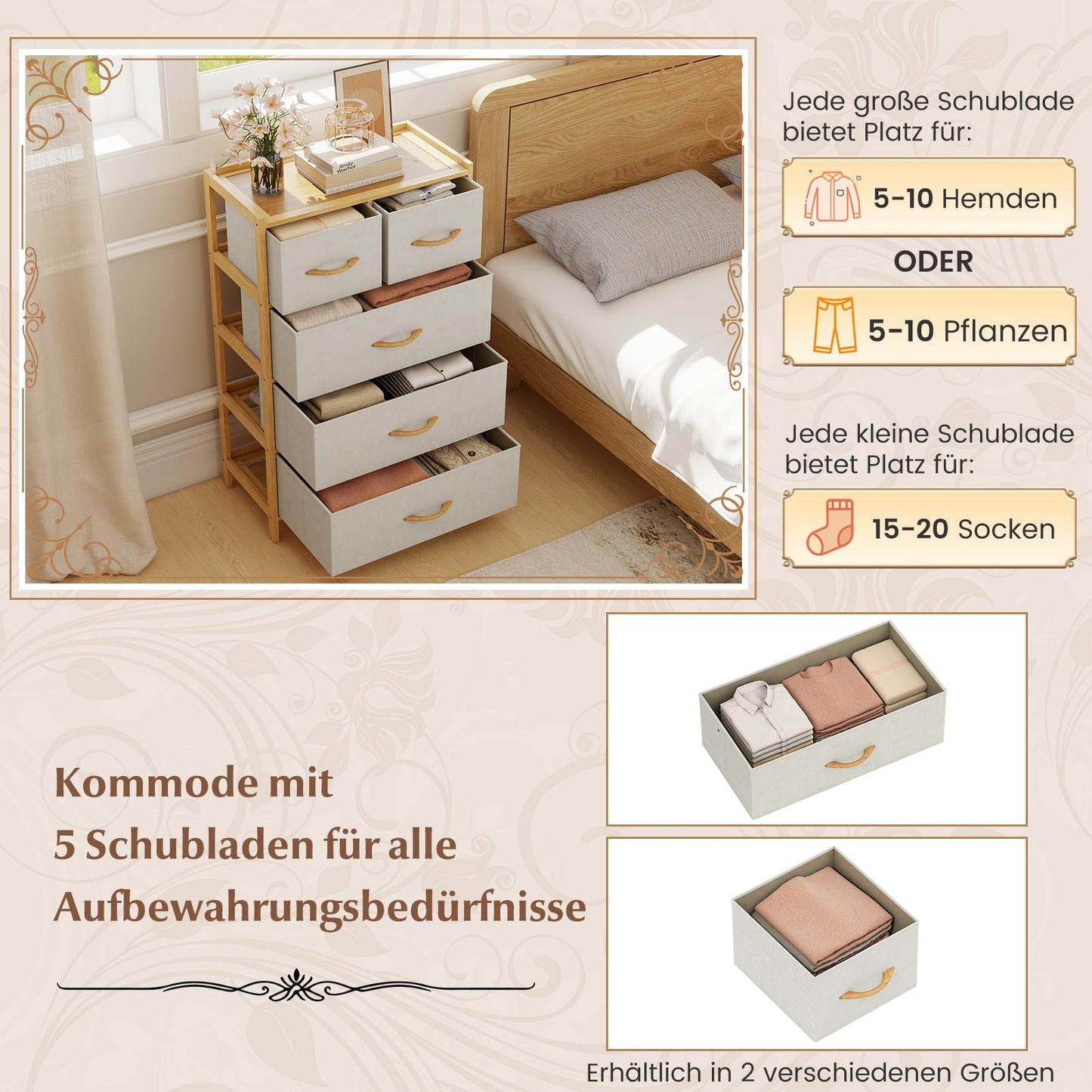 Bamboo Storage Dresser with 5 Fabric Drawers and Shelf