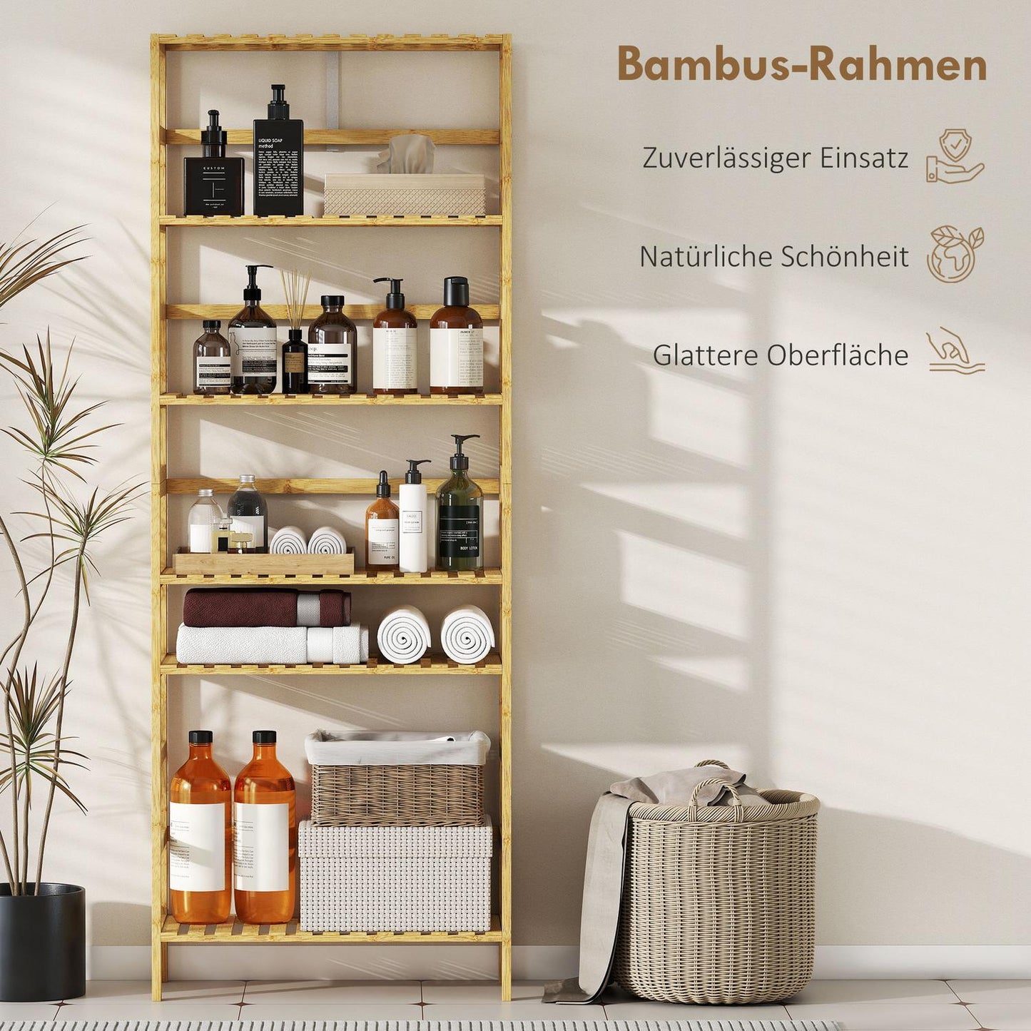 Bamboo Storage Shelf, 6 Adjustable Levels, Freestanding