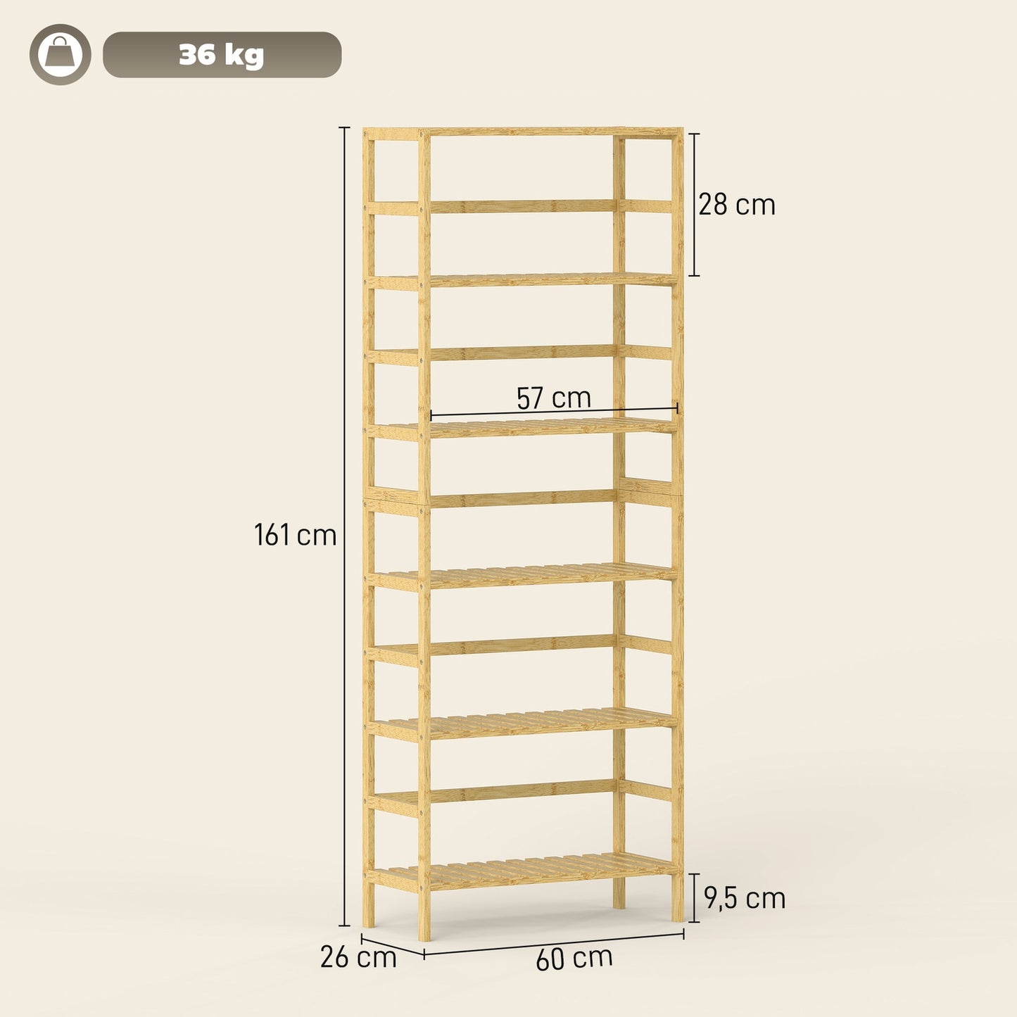Bamboo Storage Shelf, 6 Adjustable Levels, Freestanding