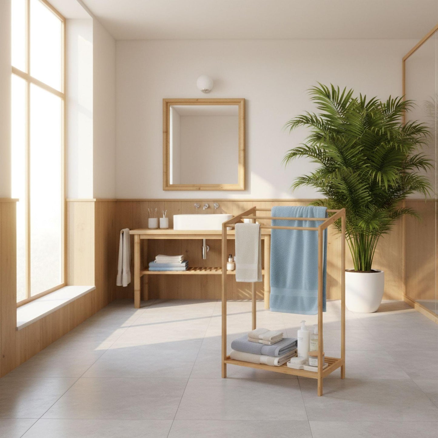Bamboo Towel Rack with 3 Bars and Shelf