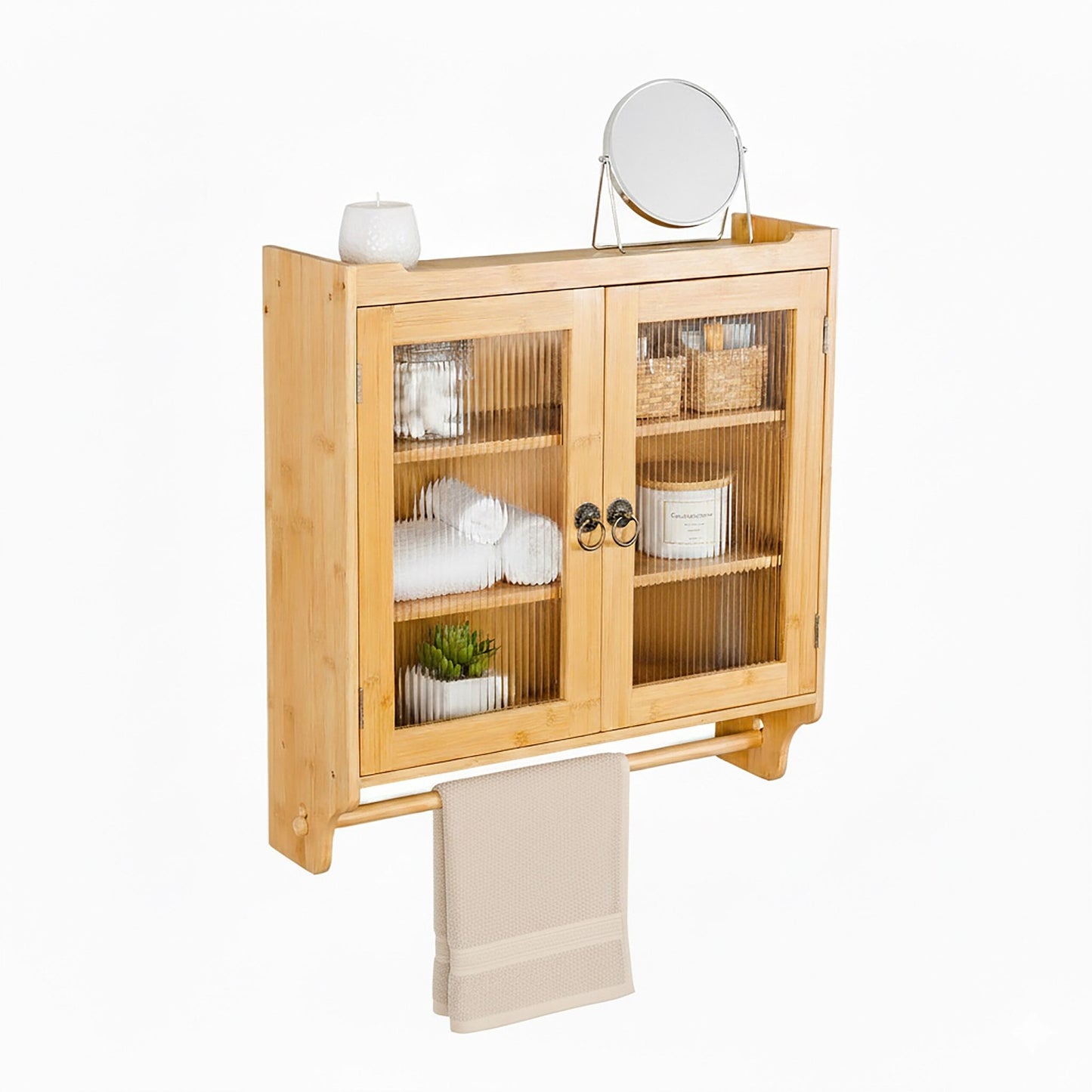 Bamboo Wall Cabinet with Towel Rack and Shelf
