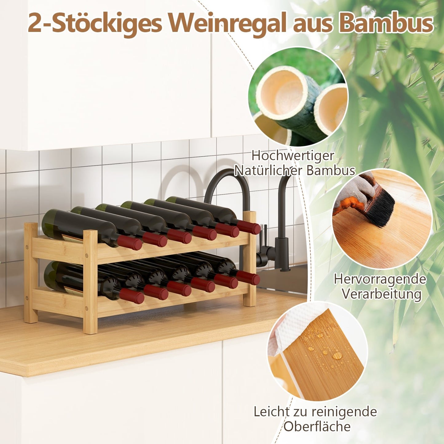 Bamboo Wine Rack for 12 Bottles, 2-Tier Holder