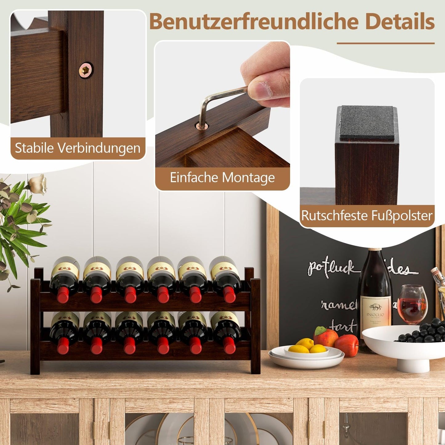 Bamboo Wine Rack for 12 Bottles, 2-Tier Holder
