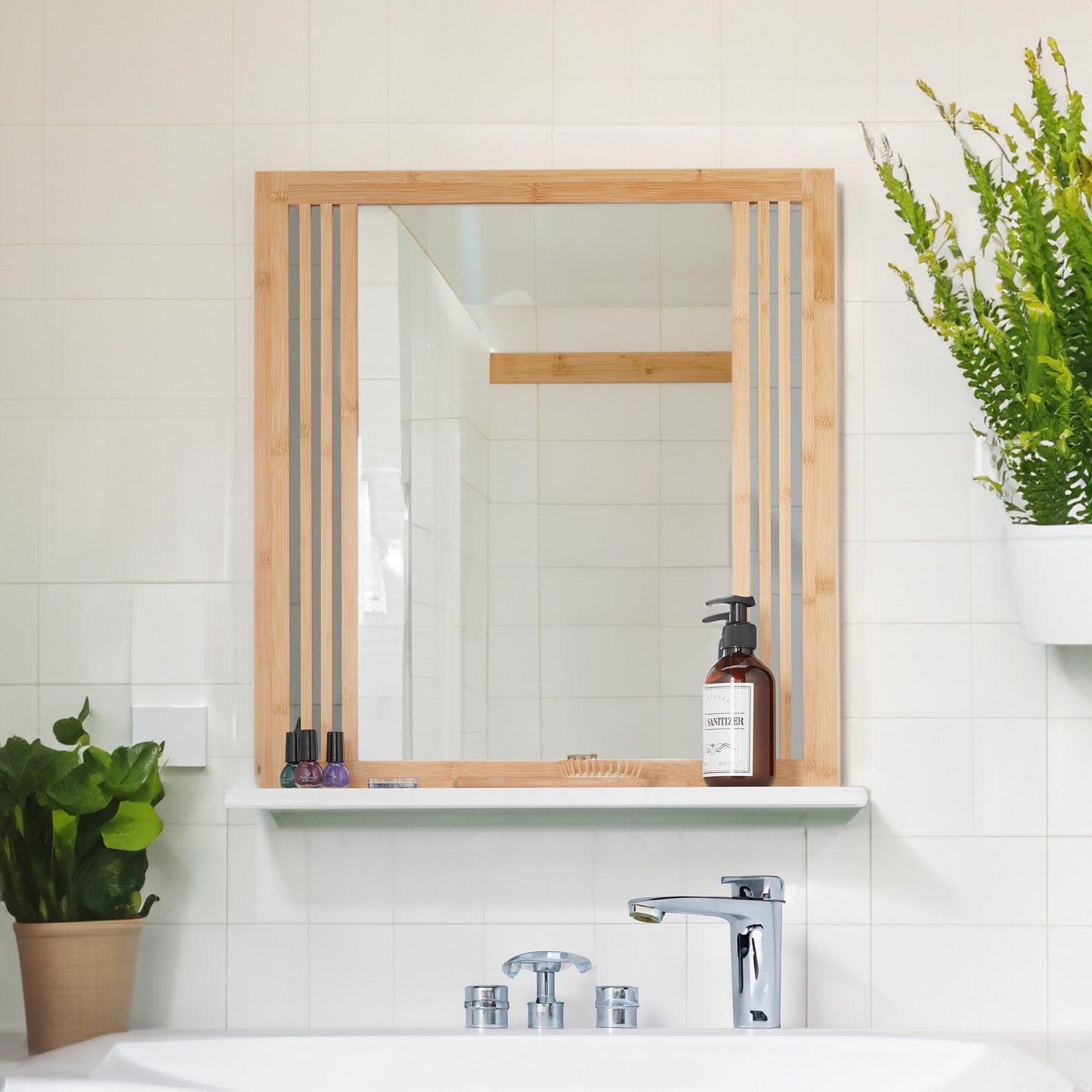 Bamboo bathroom mirror with shelf