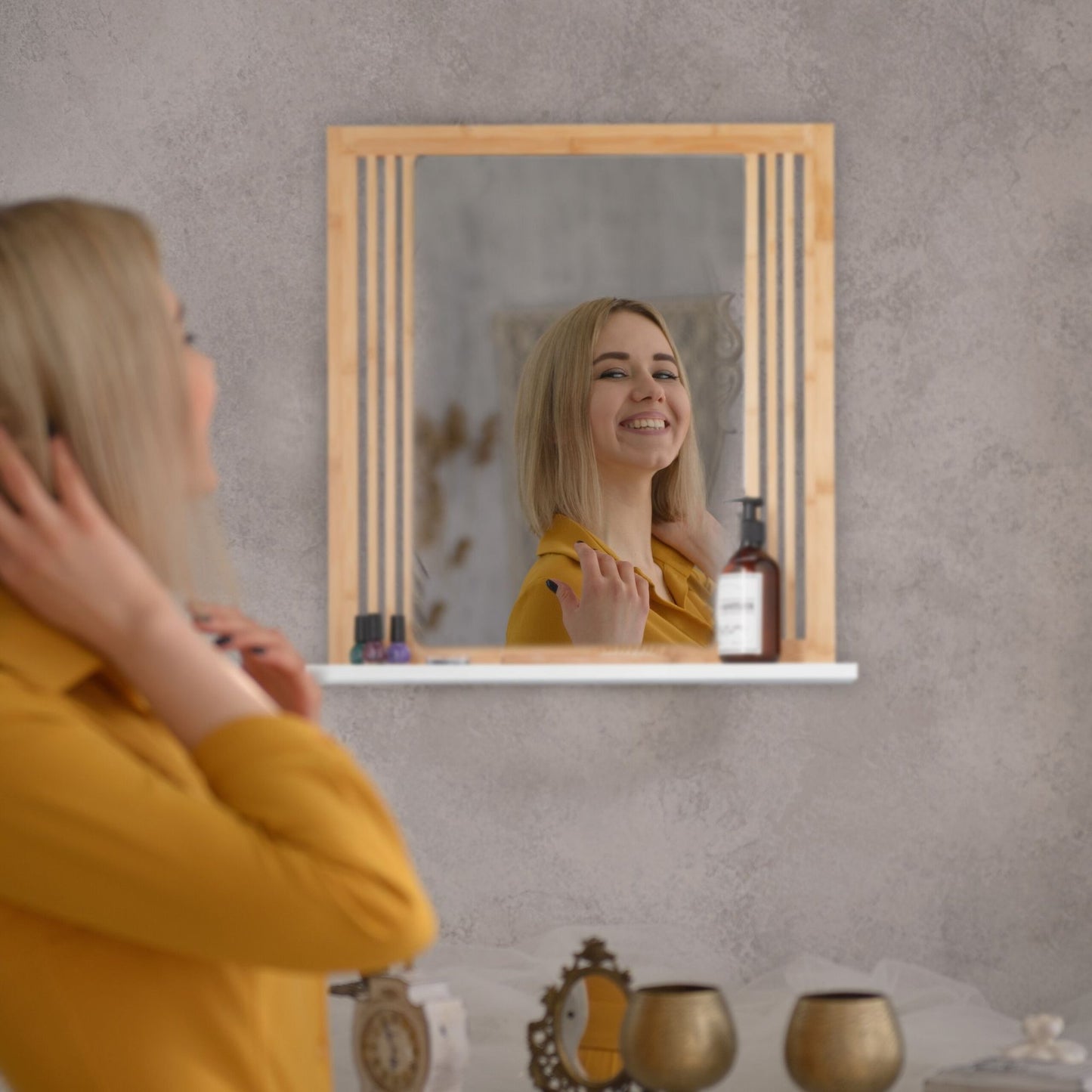 Bamboo bathroom mirror with shelf