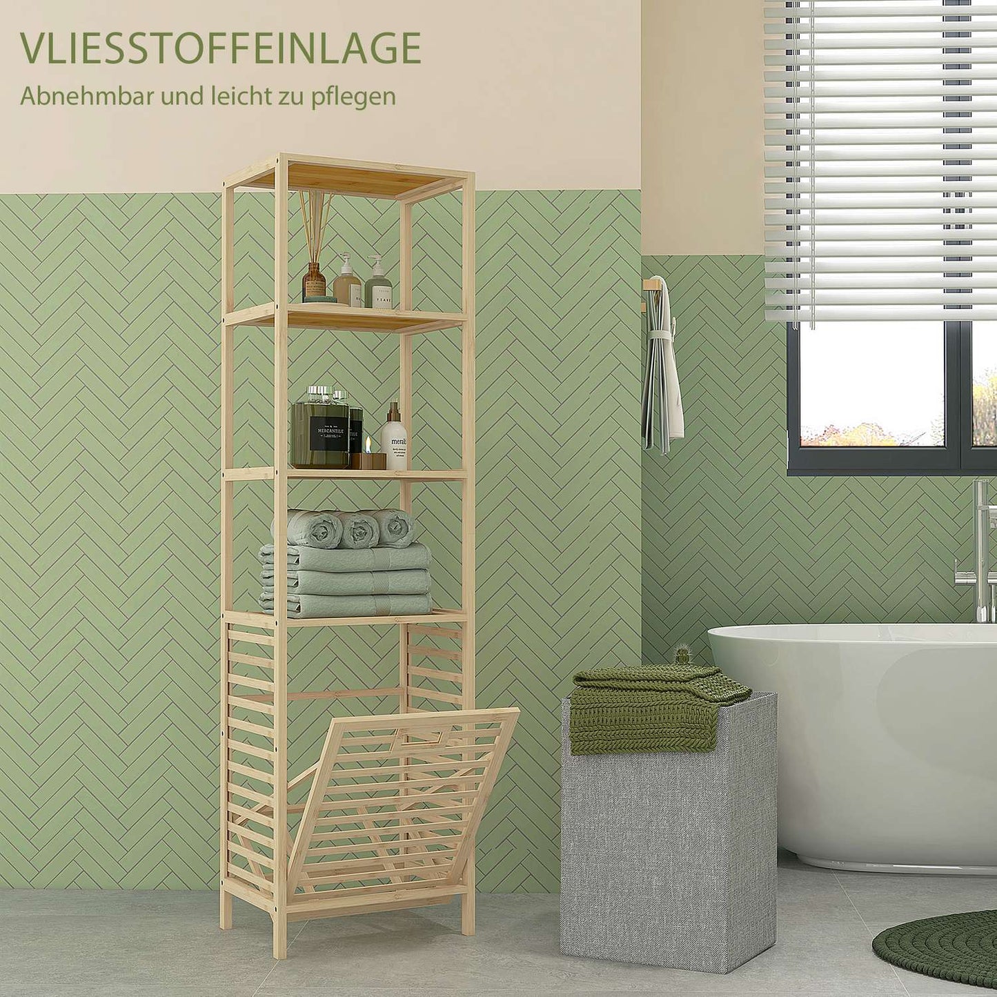 Bamboo bathroom shelf with 3 levels and fabric basket