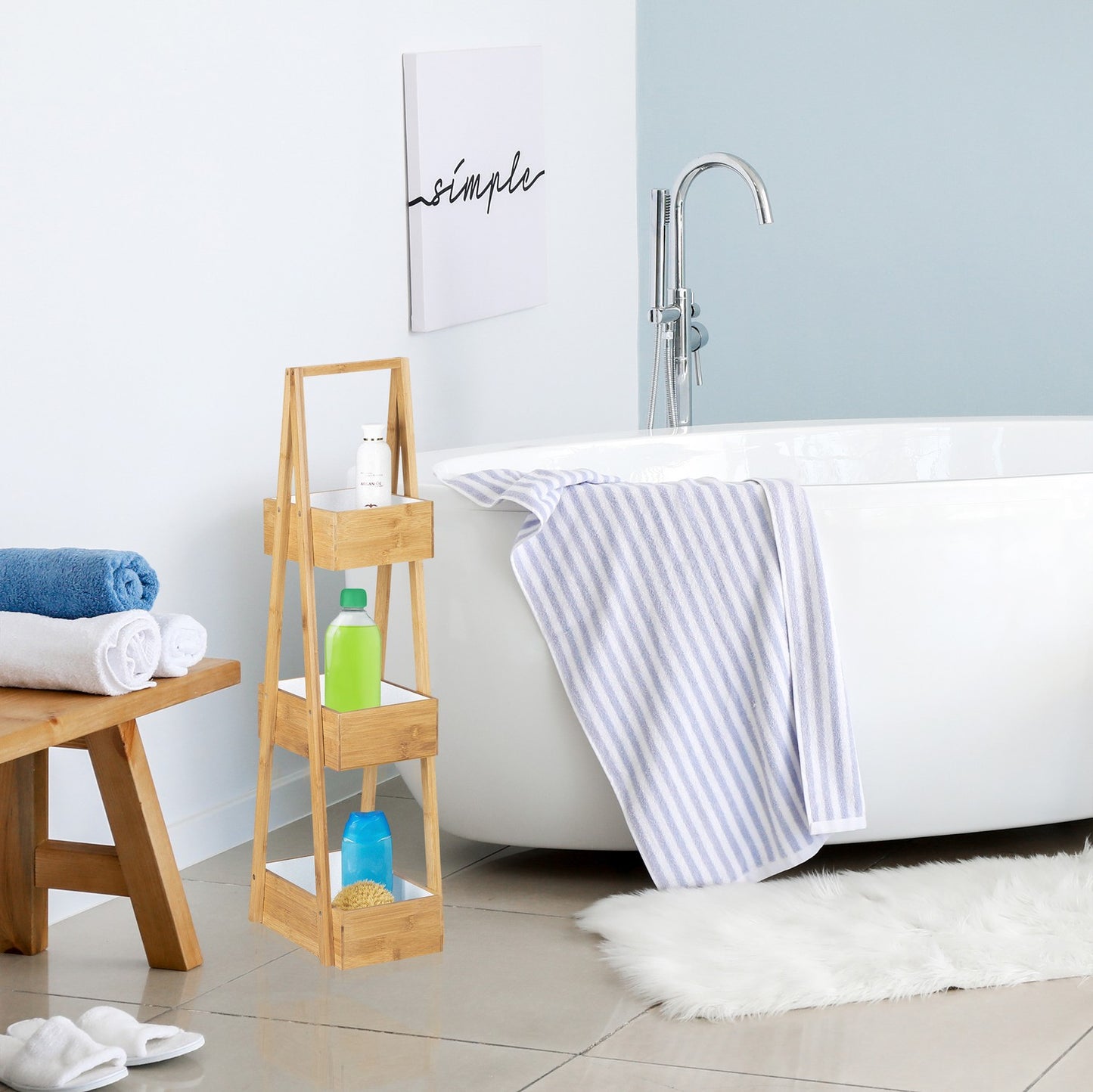Bamboo bathroom shelf with 3 compartments