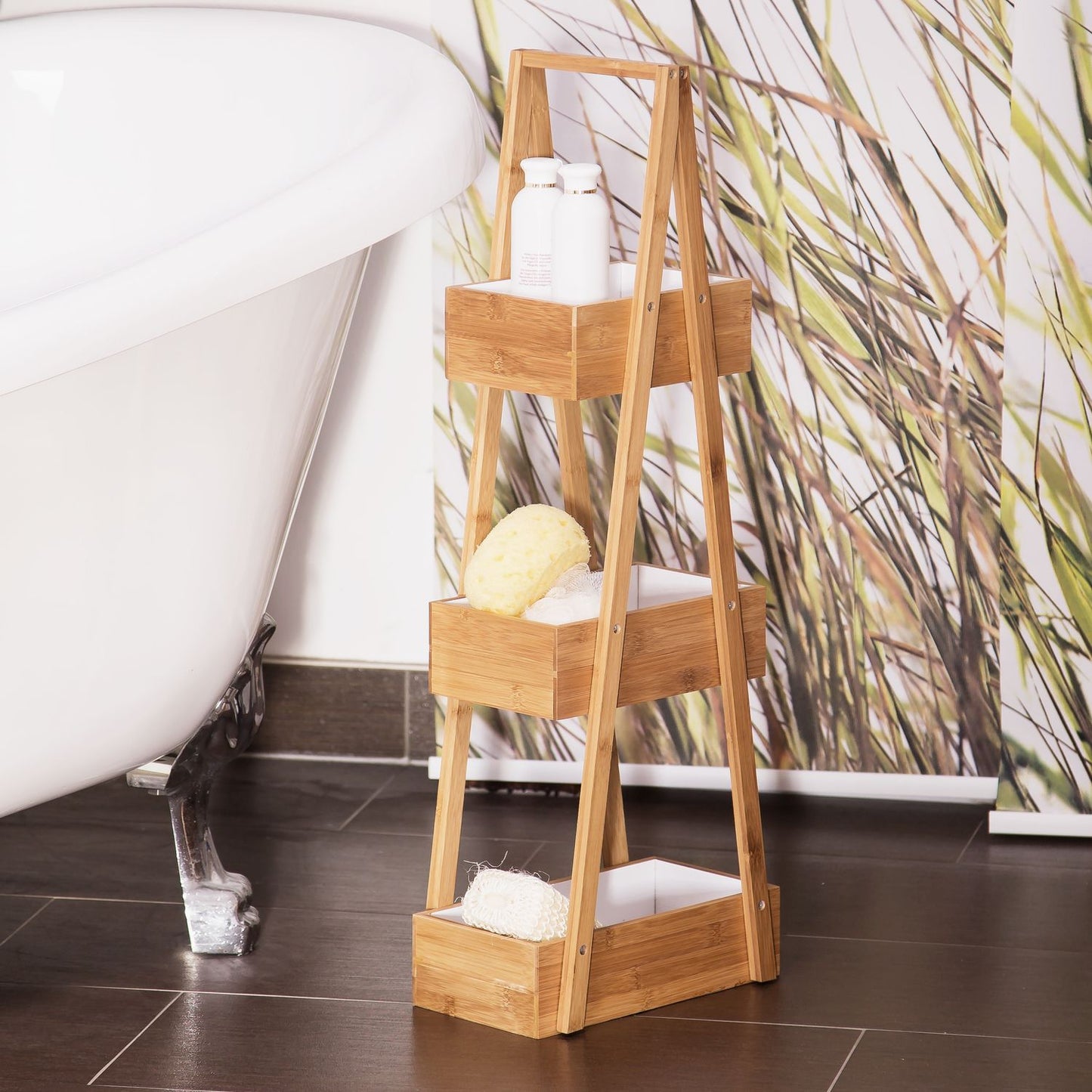Bamboo bathroom shelf with 3 compartments