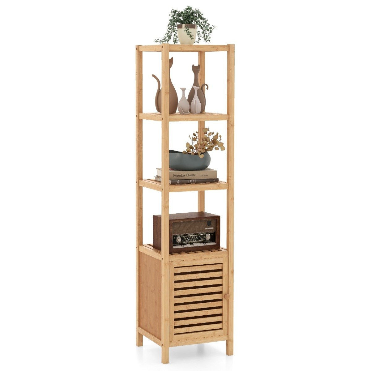 Bamboo bathroom shelf with 4 levels of shelves and slatted door 34 x 33 x 140 cm natural