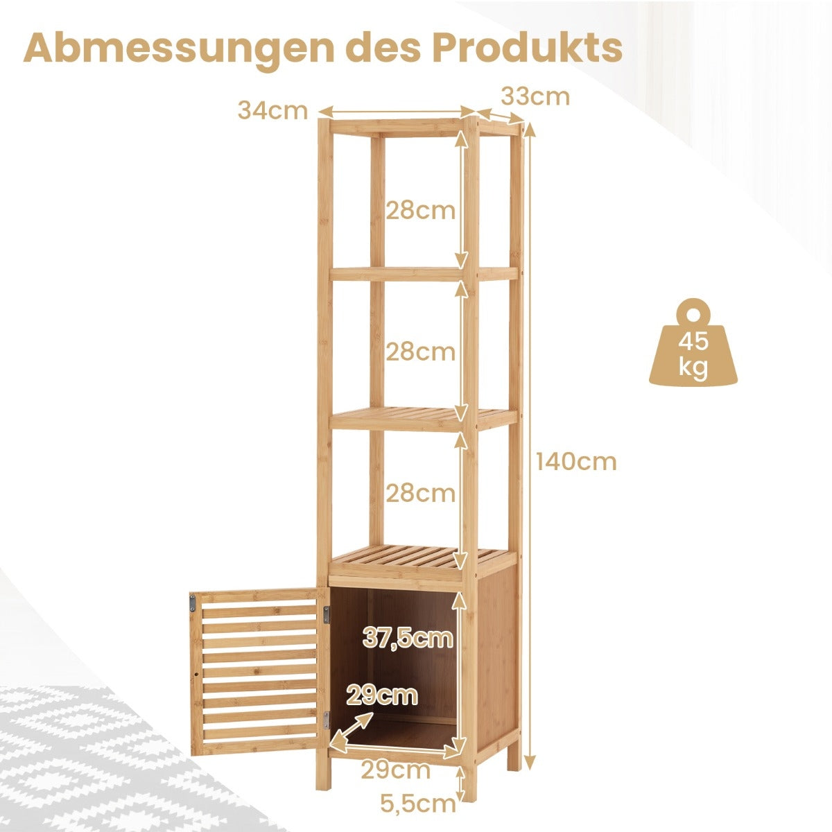 Bamboo bathroom shelf with 4 levels of shelves and slatted door 34 x 33 x 140 cm natural