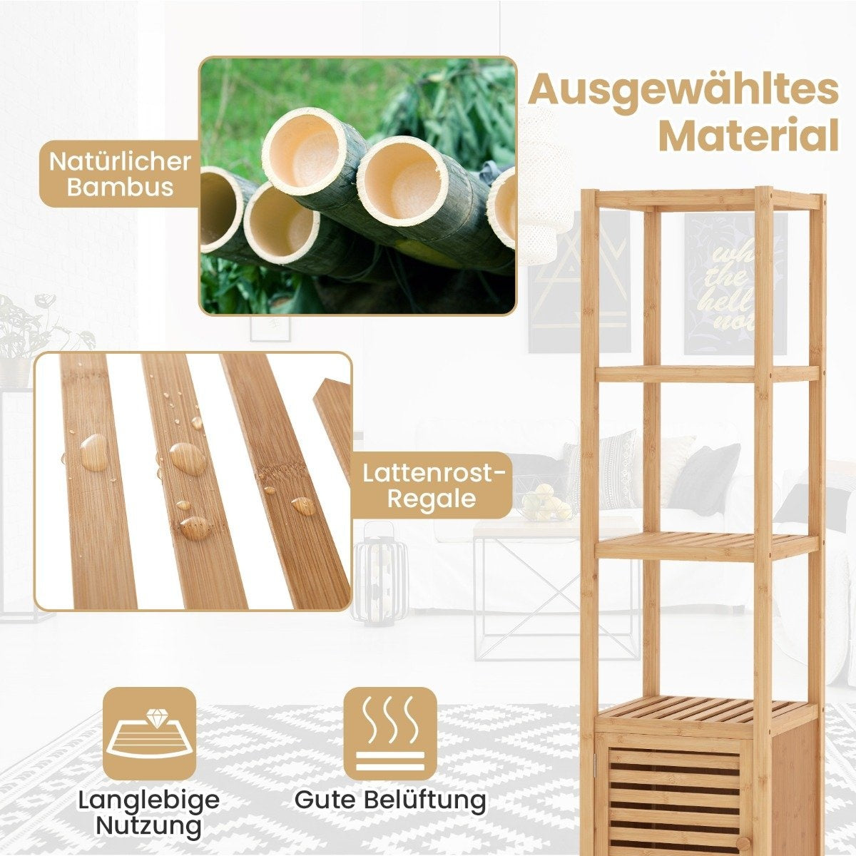 Bamboo bathroom shelf with 4 levels of shelves and slatted door 34 x 33 x 140 cm natural