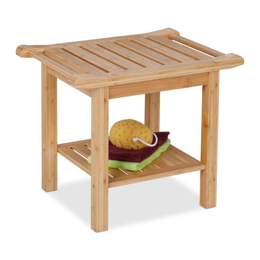 Bamboo bathroom stool with handle and shelf