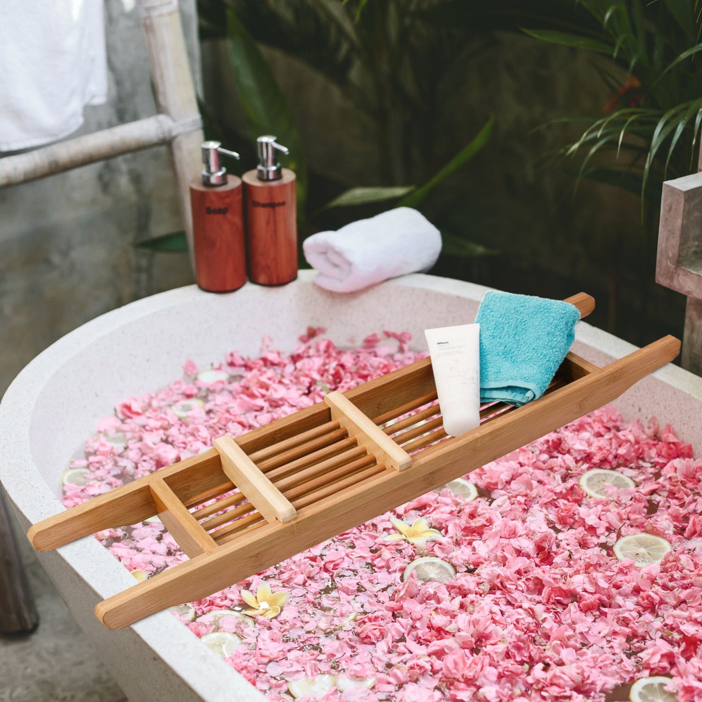 Bamboo bathtub shelf with soap dish