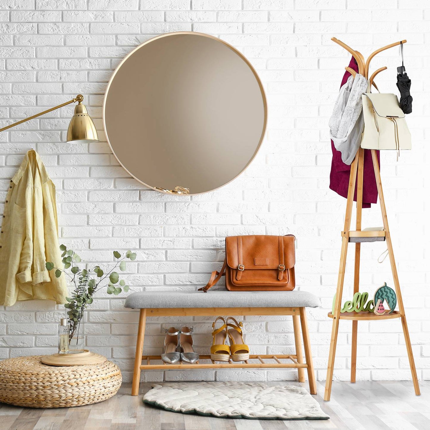 Bamboo clothes hanger with shelves