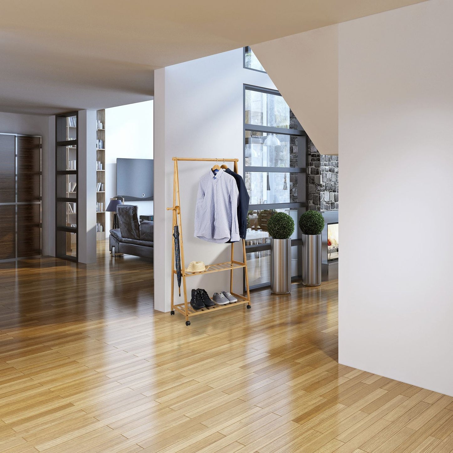 Bamboo clothes rack on wheels large