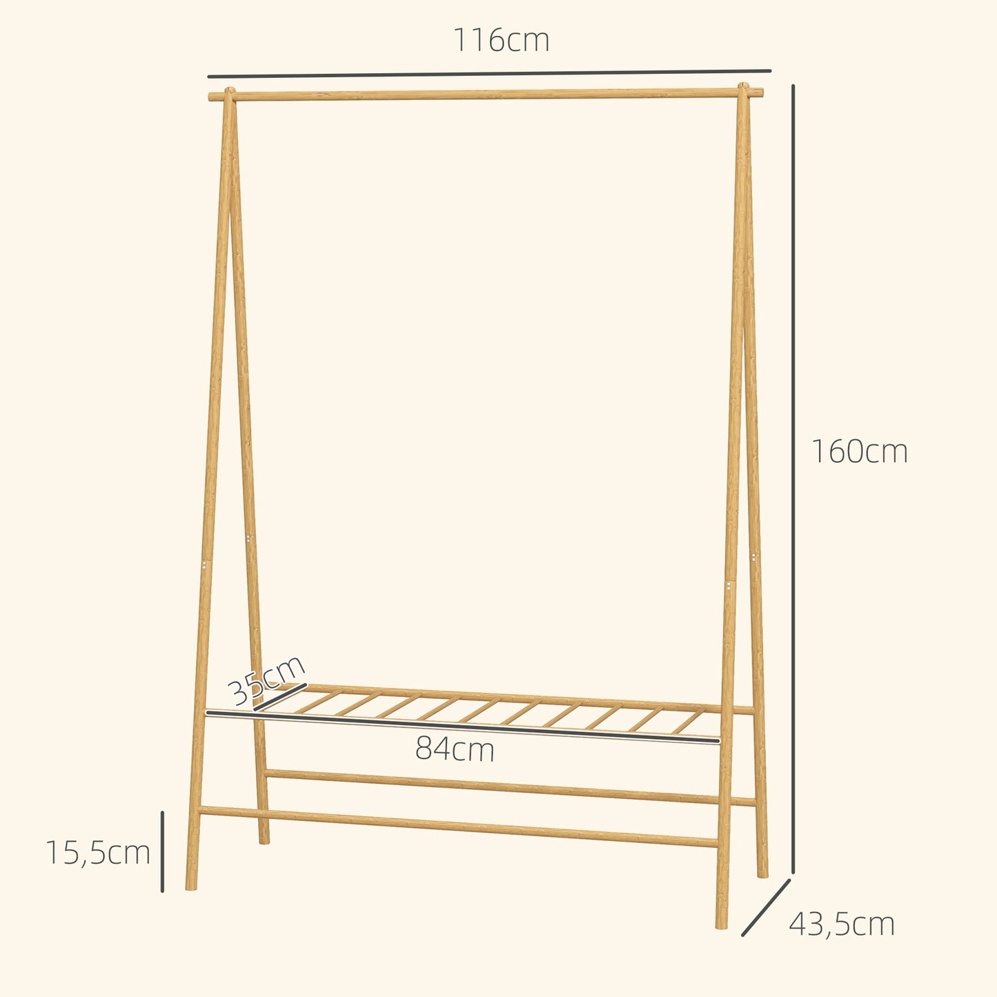 Bamboo clothes hanger with shelves and hooks, natural wood