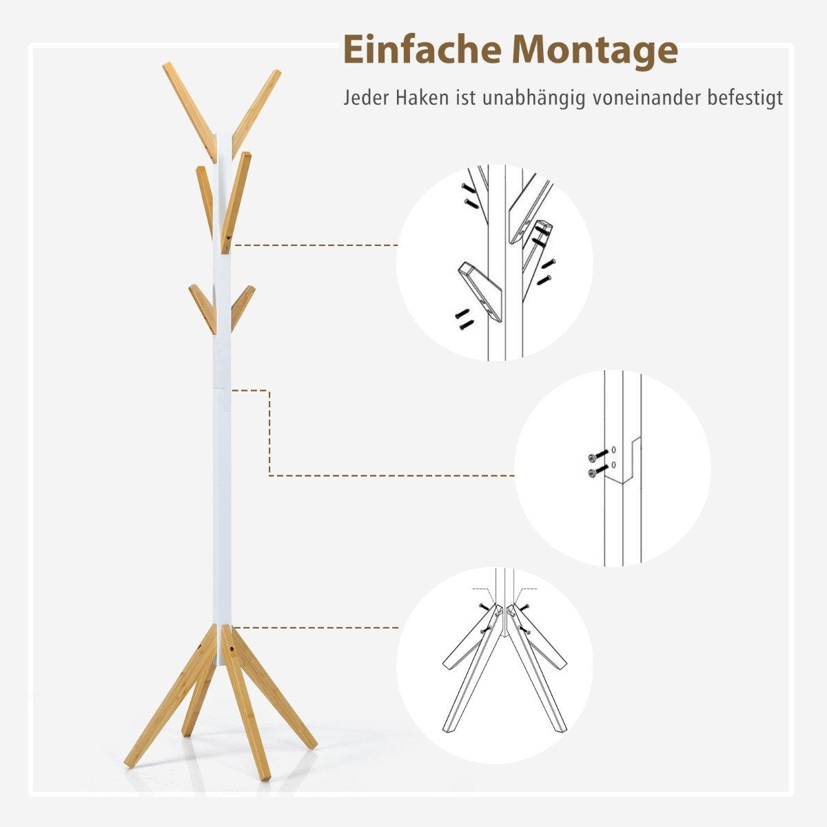 Bamboo coat rack with 6 hooks clothes rack 55 x 55 x 179 cm natural + white