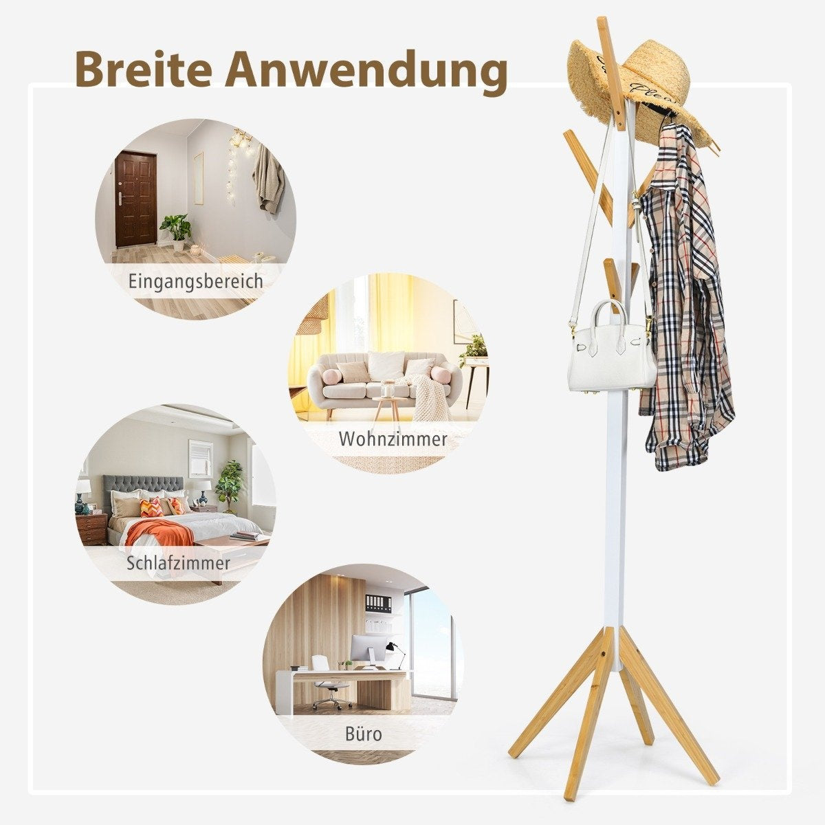 Bamboo coat rack with 6 hooks clothes rack 55 x 55 x 179 cm natural + white