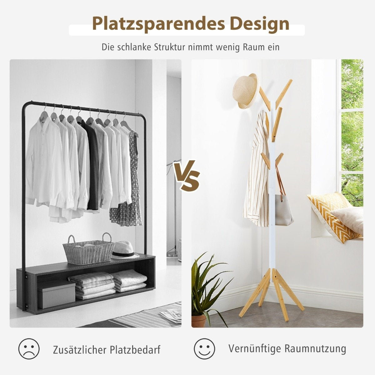 Bamboo coat rack with 6 hooks clothes rack 55 x 55 x 179 cm natural + white