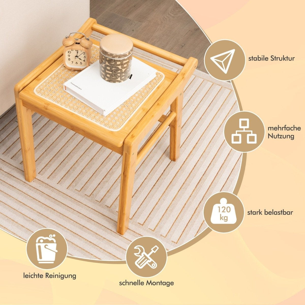 Bamboo cosmetic stool with rattan surface & non-slip foot pads, stable stool with reinforcement bar