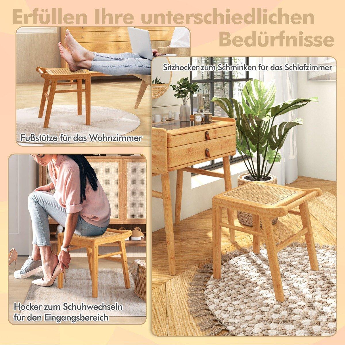 Bamboo cosmetic stool with rattan surface & non-slip foot pads, stable stool with reinforcement bar
