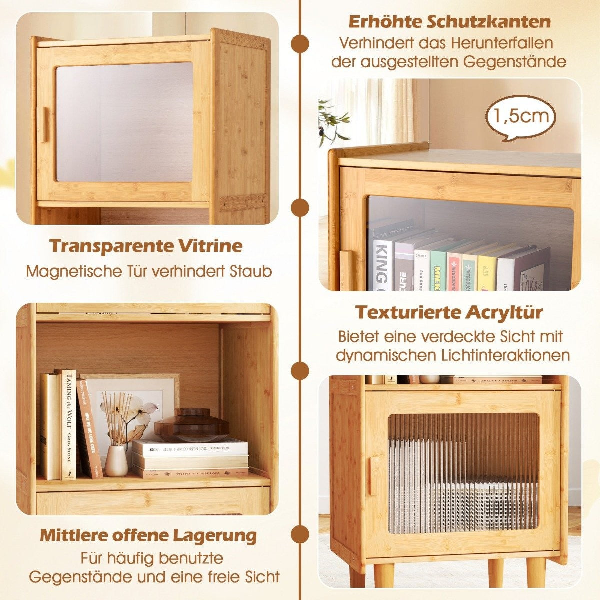 Bamboo kitchen cabinet 3-tier buffet cabinet with 2 acrylic doors natural 49.5 x 40 x 130 cm