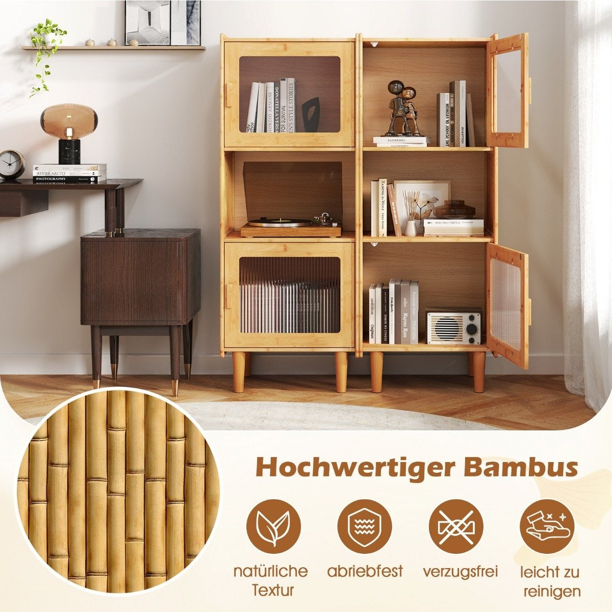 Bamboo kitchen cabinet 3-tier buffet cabinet with 2 acrylic doors natural 49.5 x 40 x 130 cm