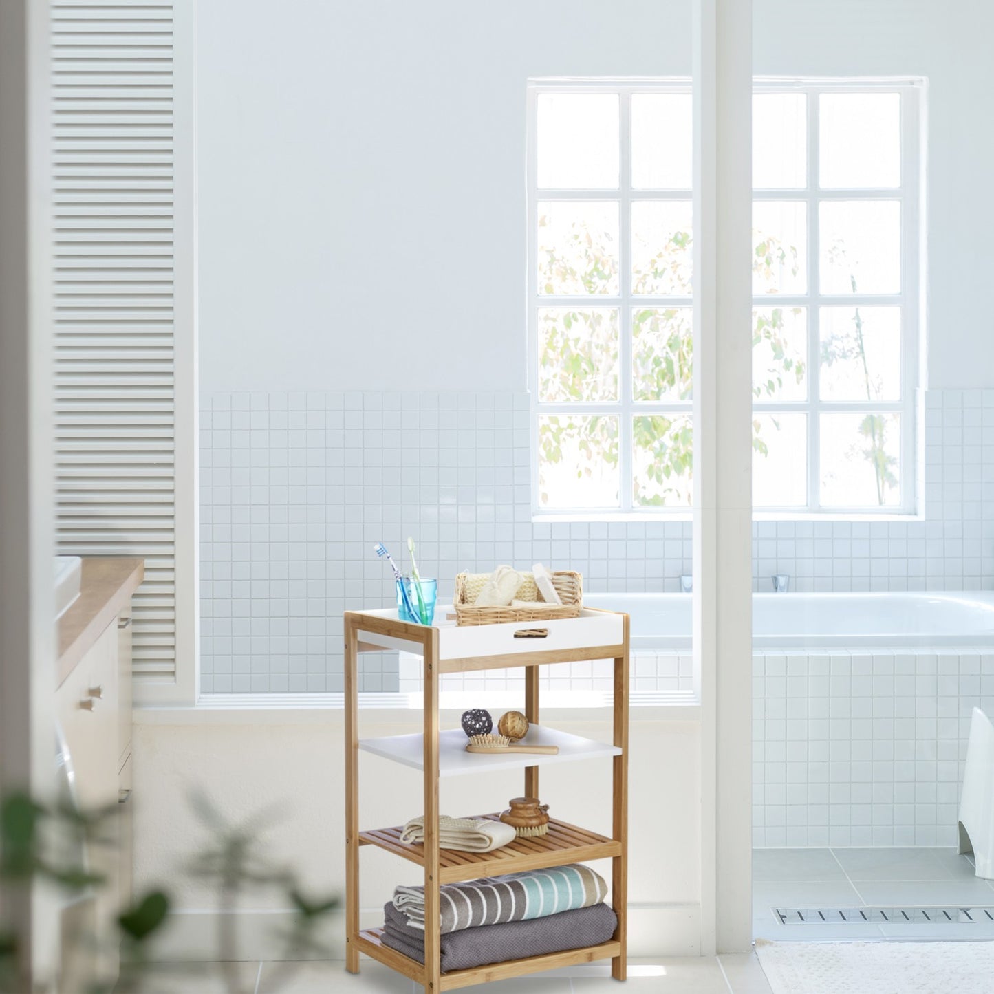Bamboo kitchen shelf with tray