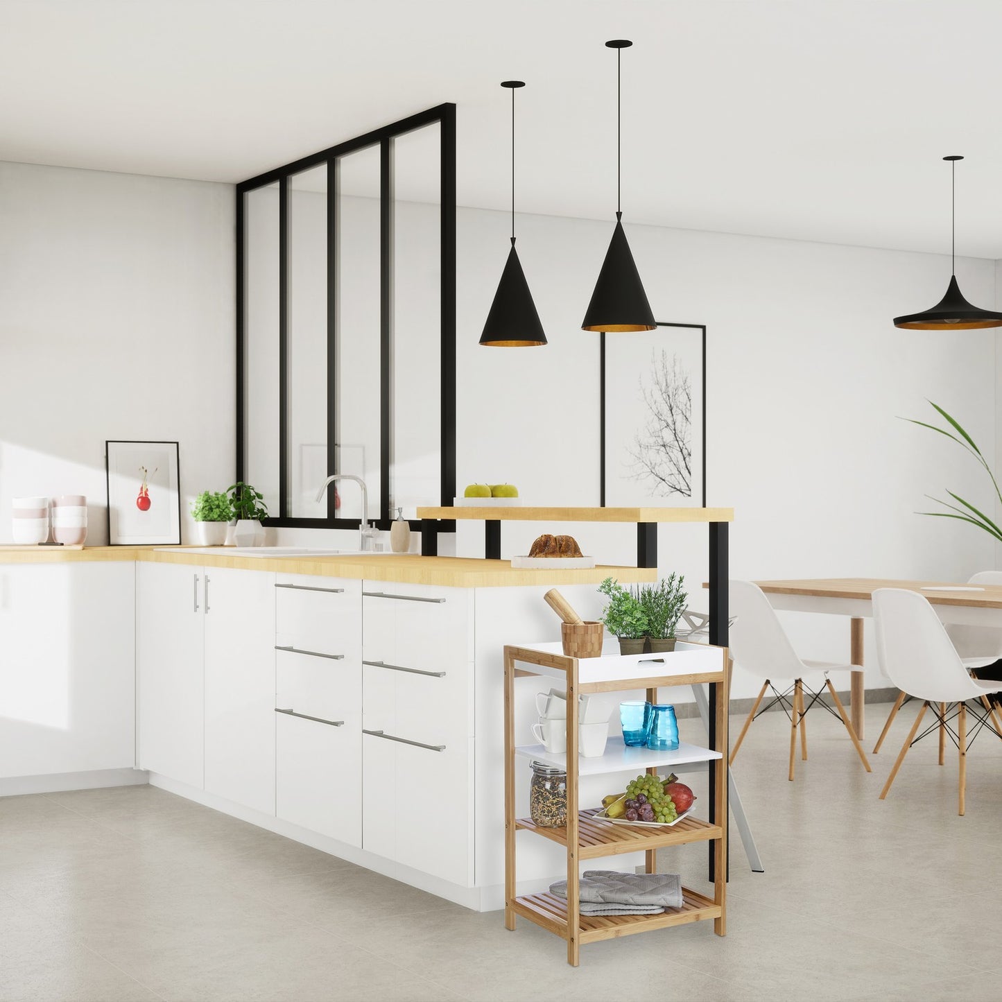 Bamboo kitchen shelf with tray