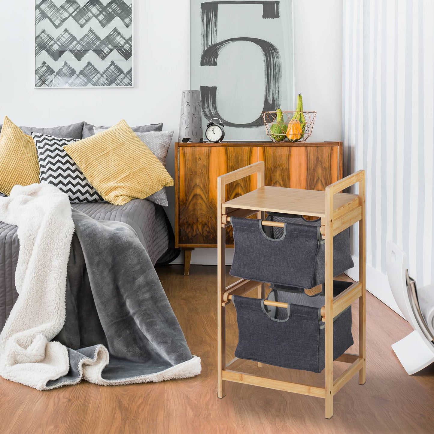 Bamboo laundry basket shelf