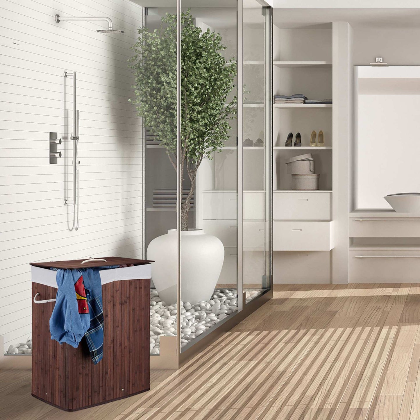 Bamboo laundry basket with 2 compartments
