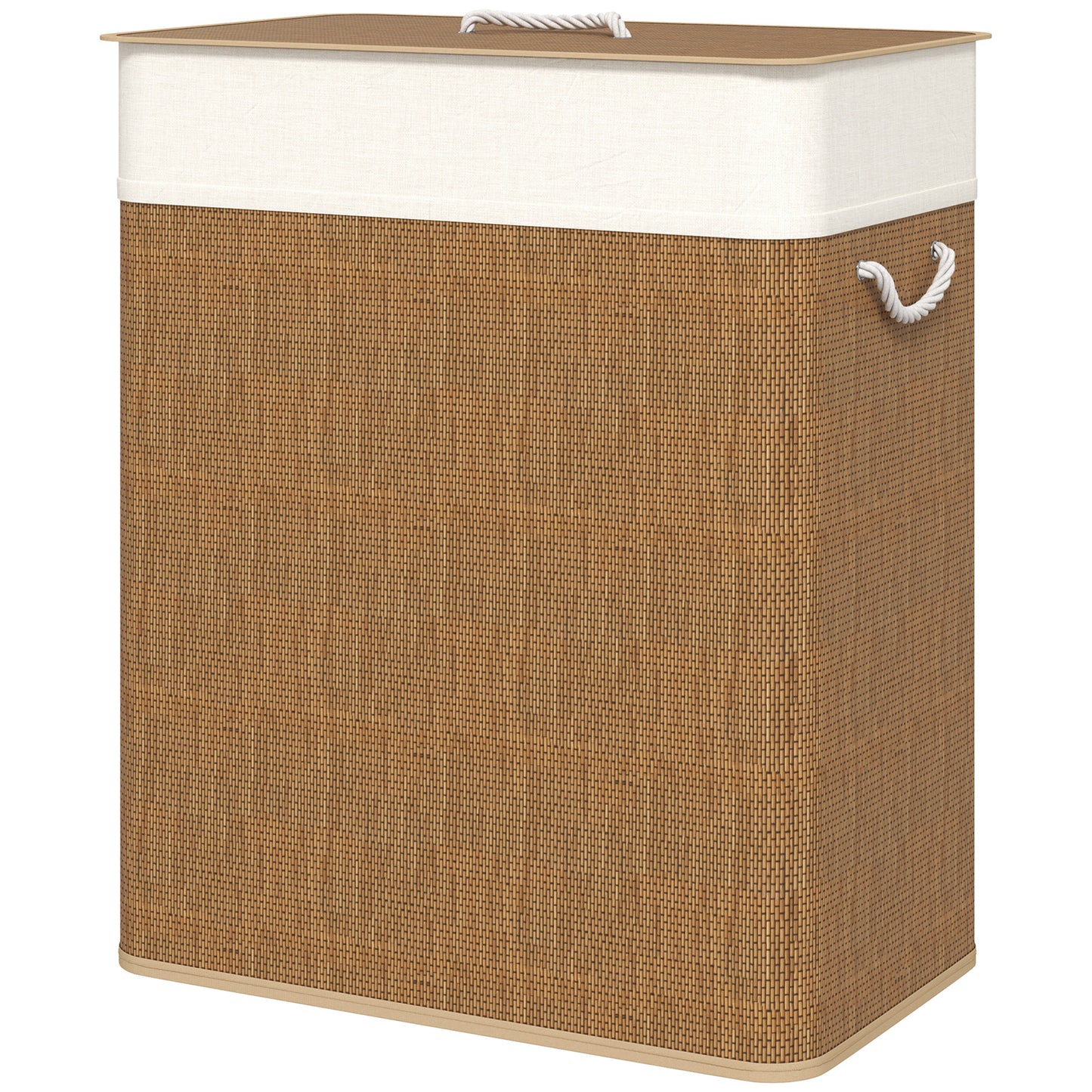 Bamboo laundry basket with lid, 2 compartments, 100 L laundry collector with rope handles, removable laundry bag