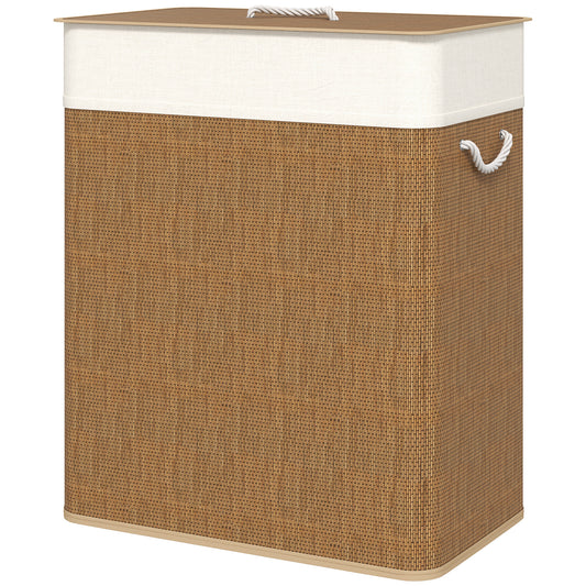 Bamboo laundry basket with lid, 2 compartments, 100 L laundry collector with rope handles, removable laundry bag