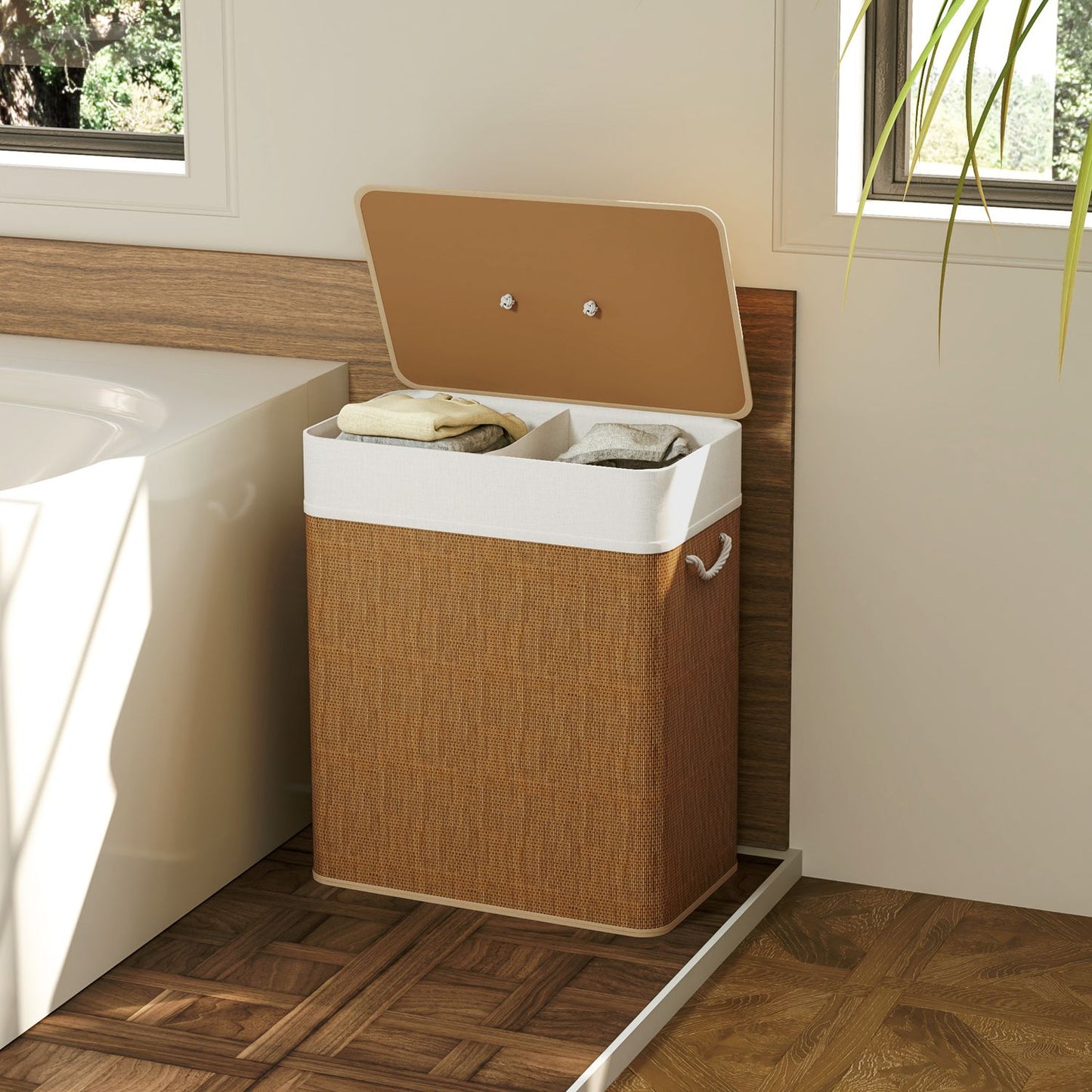 Bamboo laundry basket with lid, 2 compartments, 100 L laundry collector with rope handles, removable laundry bag