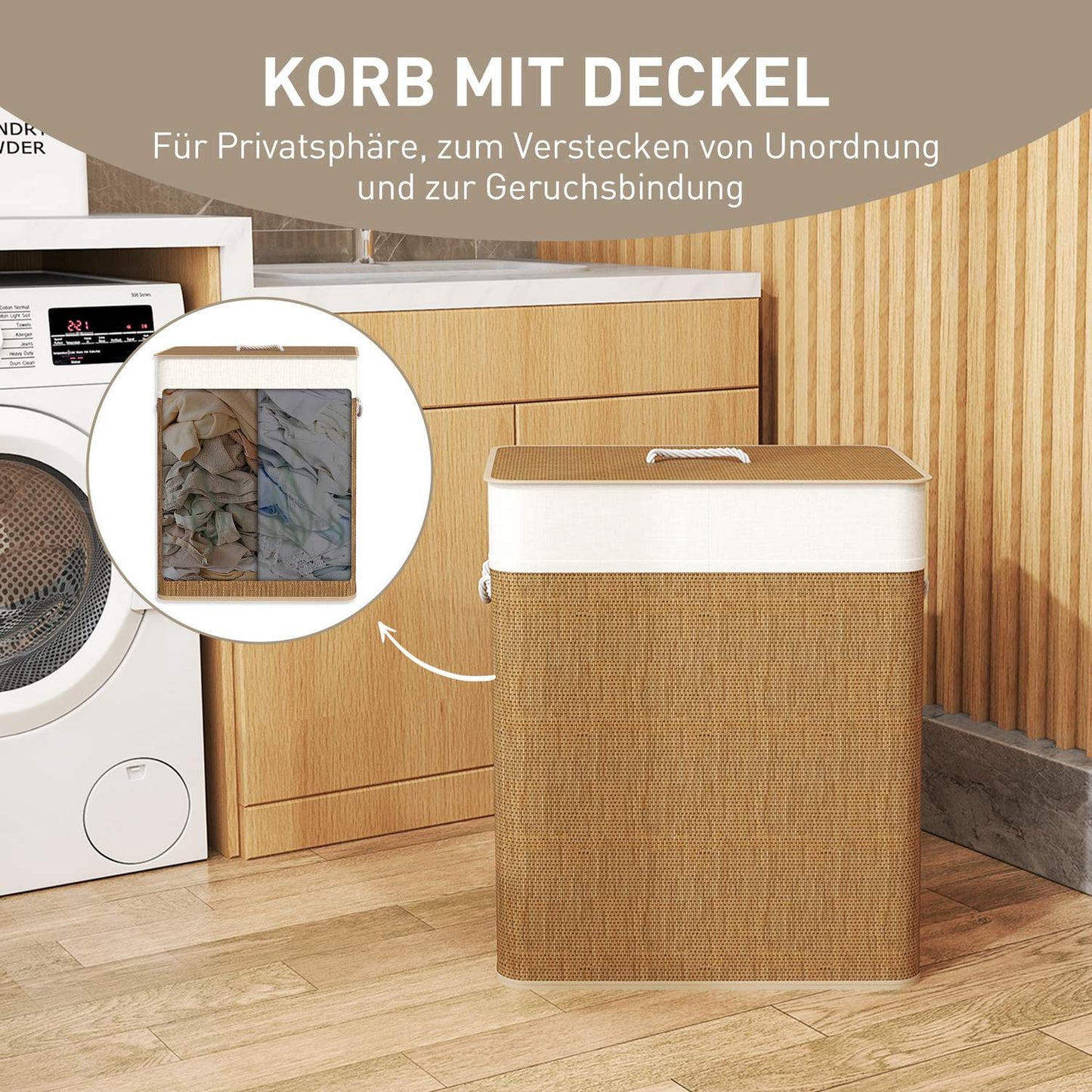 Bamboo laundry basket with lid, 2 compartments, 100 L laundry collector with rope handles, removable laundry bag