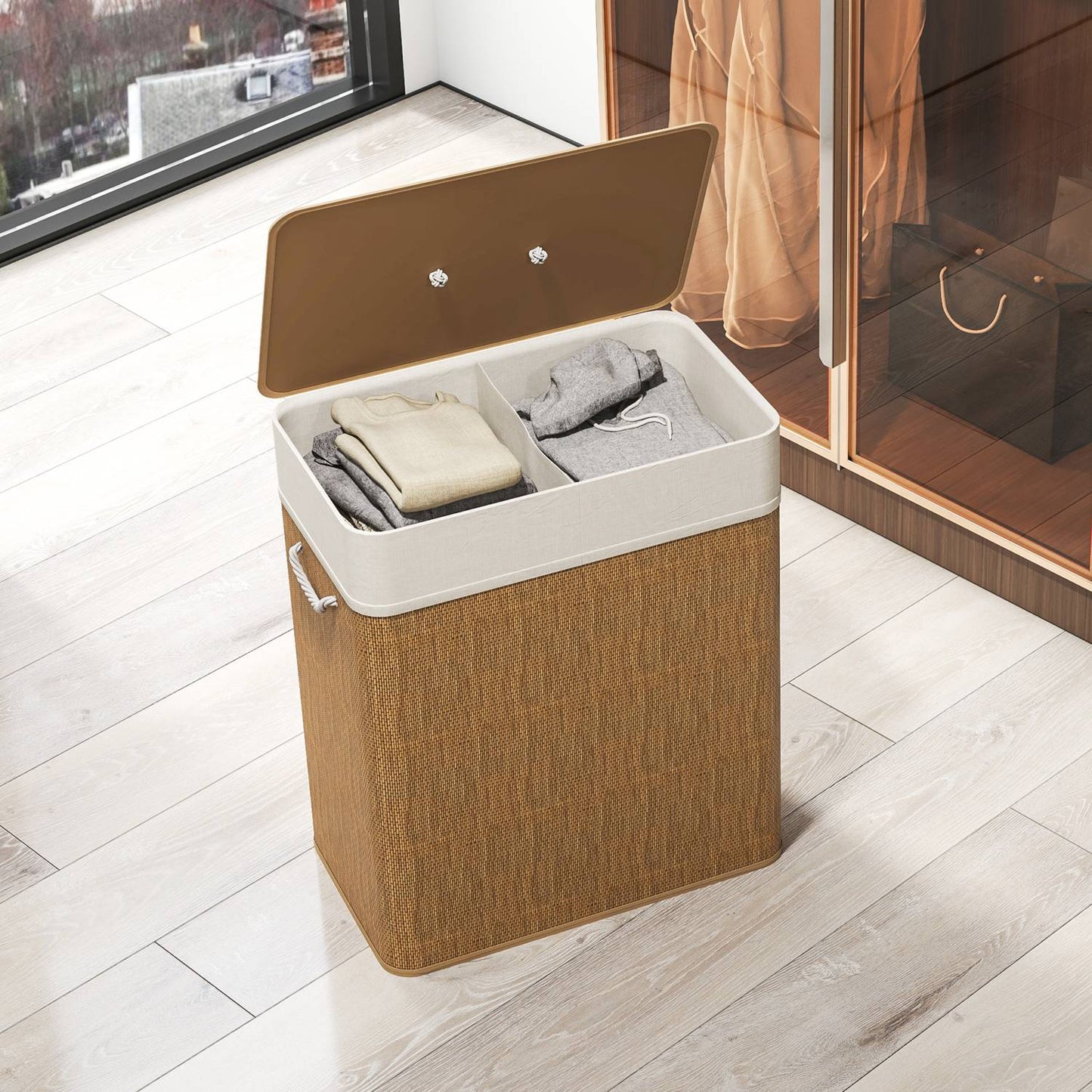 Bamboo laundry basket with lid, 2 compartments, 100 L laundry collector with rope handles, removable laundry bag