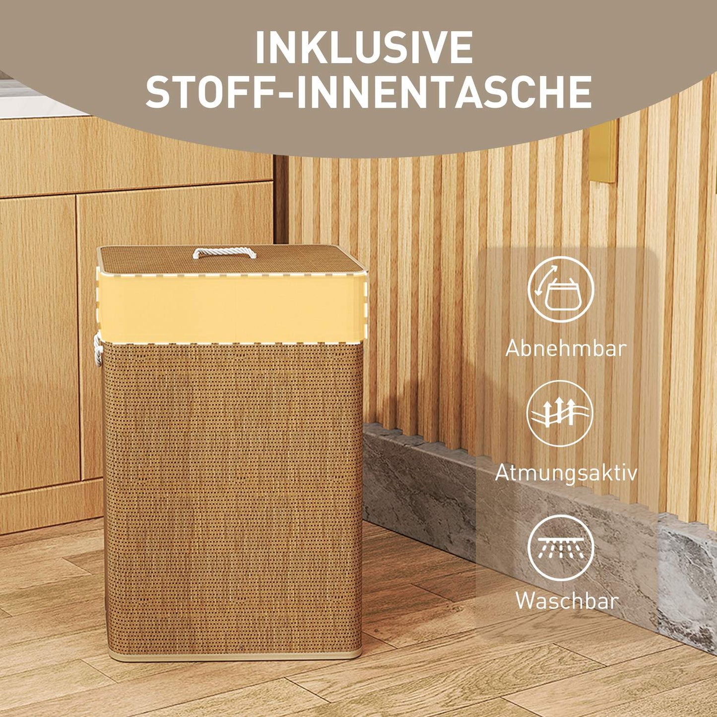 Bamboo Laundry Basket with Lid, 72L Capacity, Brown