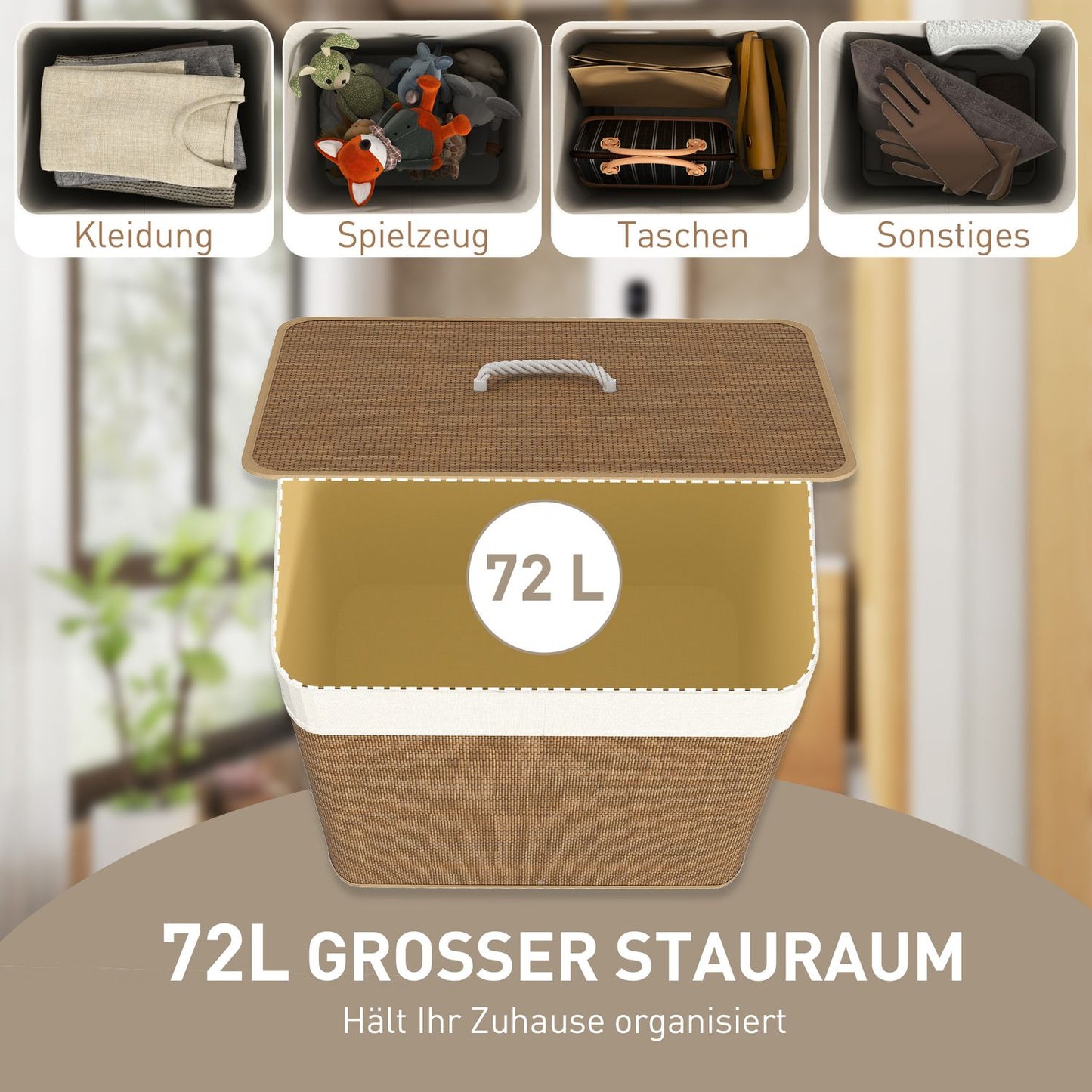 Bamboo Laundry Basket with Lid, 72L Capacity, Brown